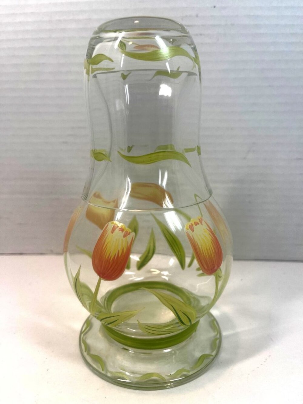 Princess House Cottage Tulip Hand-Painted Crystal Carafe & Tumbler Set Romania N